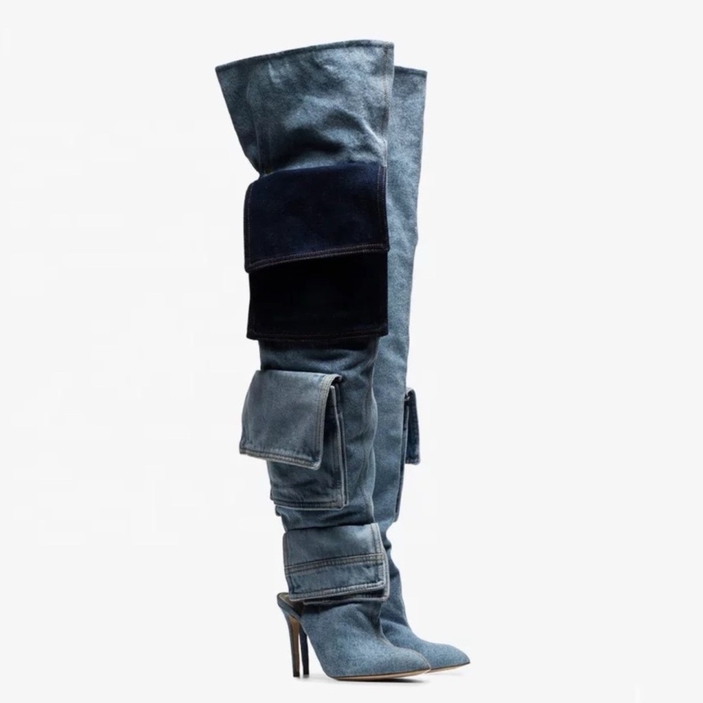 Denim Pocket Stiletto Boots - Blue